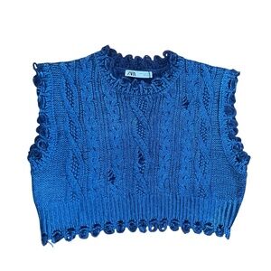 Zara NWT Blue Cable Knit Distressed Metallic Sweater Vest Size M Women